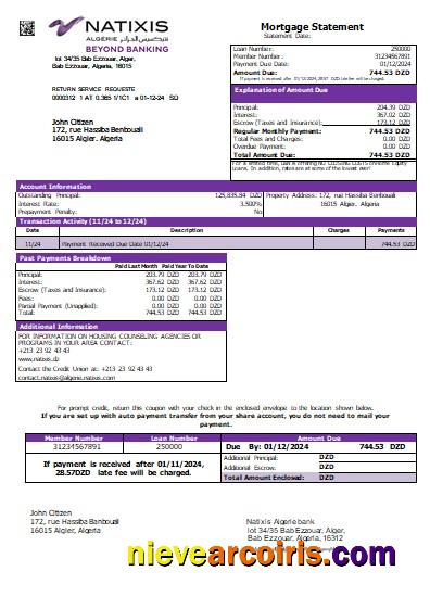 Algeria Natixis Algerie bank mortgage statement